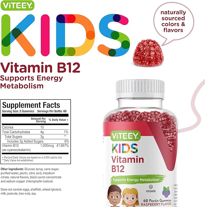 Viteey Vitamin B12 for Kids Gummies, 1000mcg - Metabolism, Natural Energy Support - Vegan, Gelatin Free, Gluten Free, GMO Free - Tasty Chewable B12 Raspberry Flavored Gummy
