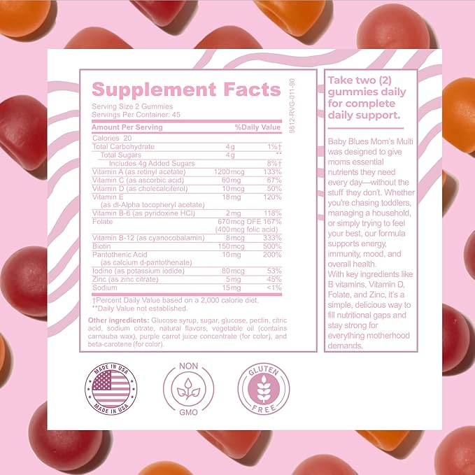 Baby Blues Women's Multivitamin Gummies – Daily Energy, Immune, Mood & Beauty Support – Vegan Chewable Supplement for Moms with Biotin, Vitamin C, D3, B12, Zinc & Iron