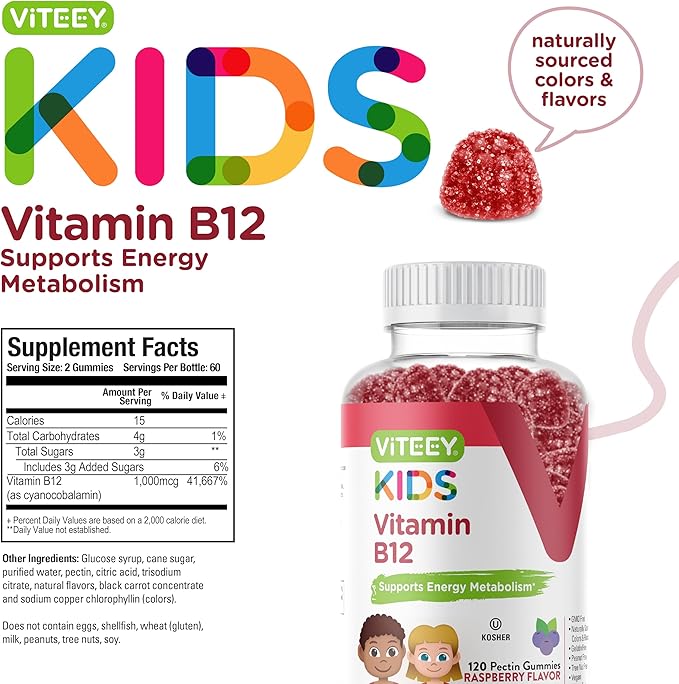 Viteey Vitamin B12 for Kids Gummies, 1000mcg - Metabolism, Natural Energy Support - Vegan, Gelatin Free, Gluten Free, GMO Free - Tasty Chewable B12 Raspberry Flavored Gummy