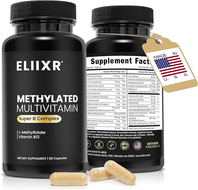 Eliixr Methylated Multivitamin Supplement for Men and Women with Active Methyl B12 and 5-MTHF Methylfolate 60 Vegetable Capsules Iron Free Made in The USA