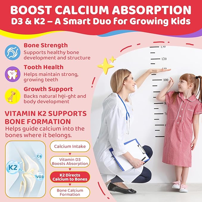 Vitamin D3 K2 + Calcium Liquid-filled Gummies for Kids & Teens, 1000IU/2000IU D3 with Magnesium, Algal Omega 3, Vitamin for Kids for Bones & Teeth, Calcium Absorption, Brain, Immunity,Sugar-Free,2Pack