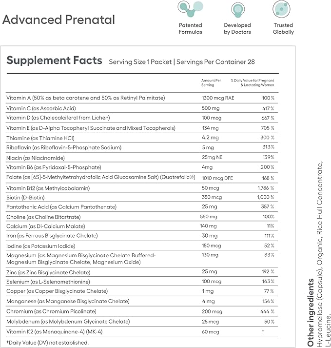Advanced Prenatal Vitamins for Women with 550mg Choline, Methylfolate, Chelated Iron & 24 Nutrients, Best Prenatal Vitamins for Women, Prenatals with Methylfolate – 28 Daily Packs