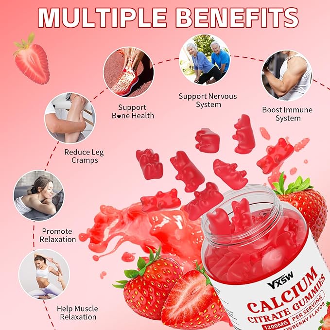 Calcium Citrate Gummies 1200mg, Chewable Calcium Supplement for Women & Men, Sugar Free Calcium for Bone, Muscle & Immune Support, Gluten Free, Vegan, Non-GMO, Strawberry Flavor, 60 Count