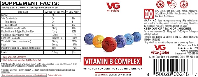 B Complex Gummy Vitamins - Strawberry Flavor with Vitamin C, Niacin, B6, B12 & Biotin for Energy, Heart Health and Brain Support, 120 Count (Pack of 2)