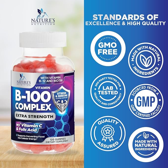B Complex Gummies with Vitamin C & Folic Acid, Extra Strength Super Vitamin B Gummies Supplement with Niacin, B6, Folic Acid, B12, Biotin, Nature's Energy Immune Support Supplements - 120 Gummies