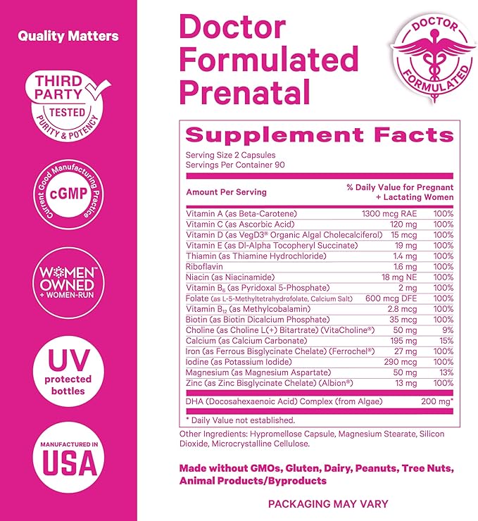 Pink Stork Total Prenatal Vitamins with DHA, Folate, Iron, Choline, and Vitamin B12 - Preconception Nutrition - Prenatals for Women, Pregnancy Essentials - Mint Essence, 60 Capsules, 1 Month Supply