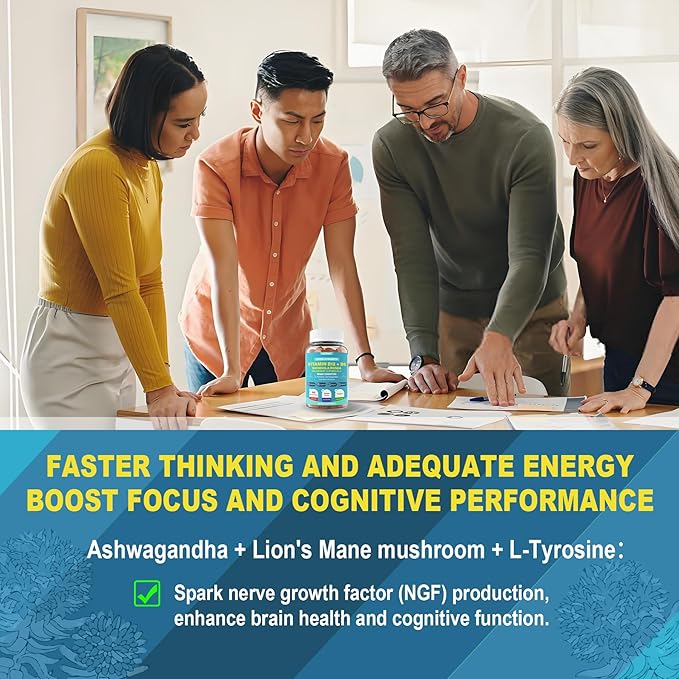 Focus Memory & Energy Gummies, L-Tyrosine + Methyl B12 1000mcg, B6 50mg, D3 C, Lion's Mane Mushroom, for 15+ Students, Office Worker, Multivitamin, Herb Blend for Seniors Brain & Cognition, 1 Pack