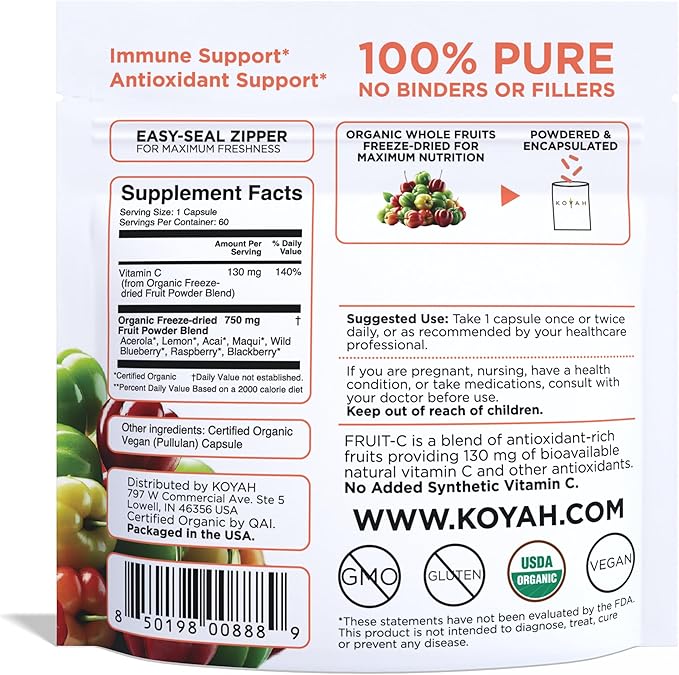 KOYAH Fruit-C - Organic Vitamin C Capsules - from Acerola Cherries, 100% Whole Fruits, 130 mg Vitamin C, Freeze-Dried, No Extracts - Whole-Food, Vegan, Non-GMO, 3rd Party Tested, 60 Capsules