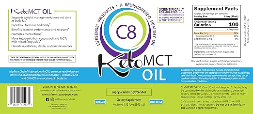 LifeSense C8 MCT Oil, Keto-Friendly, Sourced from Coconut Oil, Clinically Proven to Increase Ketone Production, Optimal Fuel for The Brain and Body, Made in USA by PhD Nutrition, 32 oz