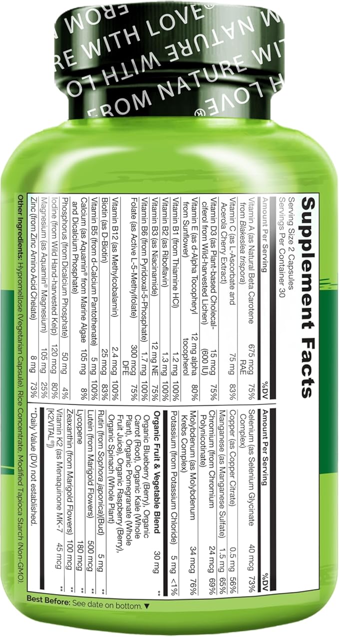 NATURELO Teen Multivitamin - Whole Food Multivitamin for Teenage Boys - Minerals Supplement for Active Kids - with Plant Extracts - Non-GMO - Vegan & Vegetarian - 60 Capsules (Pack of 2)