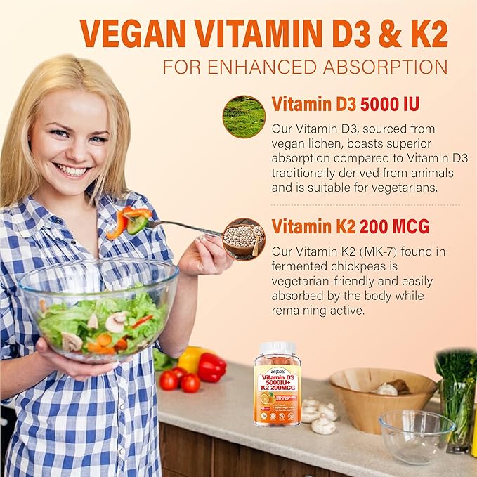 2Packs Vitamin D3 K2 Gummies for Adults, Sugar-Free Vitamin D3 5000IU + K2(MK-7) 200mcg Supplement with Vitamin B Complex & Vitamin C E Supports Bone, Muscle, Teeth & Immune, Vegan, Gluten Free