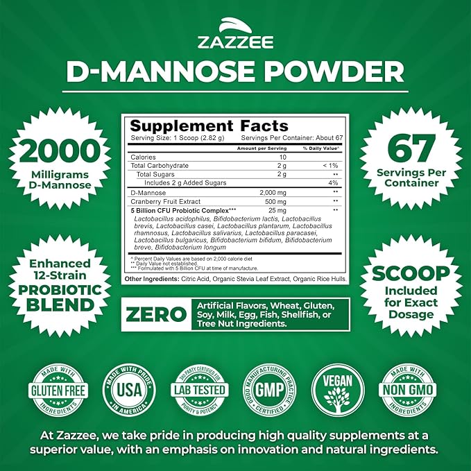 Zazzee D-Mannose Powder Plus, 2000 mg, 67 Servings, Potent & Fast-Acting, Plus 5 Billion CFU Probiotics and Pure Cranberry Juice Extract, Free Scoop, 6.5 Oz, Vegan, Gluten-Free, Non-GMO, All-Natural