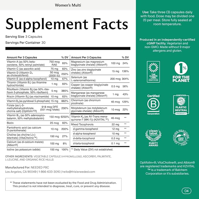 Needed. Multivitamin for Women with 23 Vitamins, Minerals and Antioxidants - Daily Womens Multivitamin - Vitamin B12, B6, D3, Choline, Calcium, Biotin, Magnesium, Folate and More (90 Count)