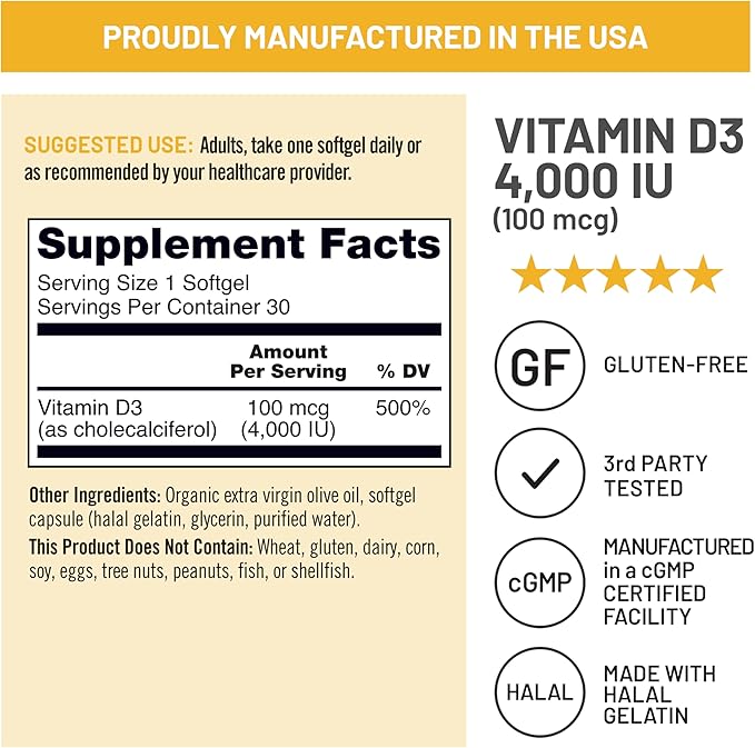 NatureWise Vitamin D3 4000iu (100 mcg) 30-Day Supply for Immune Support, Healthy Muscle Function, and Bone Health - Non-GMO, Gluten Free in Organic Extra Virgin Olive Oil, (Mini Softgel), 30 Count
