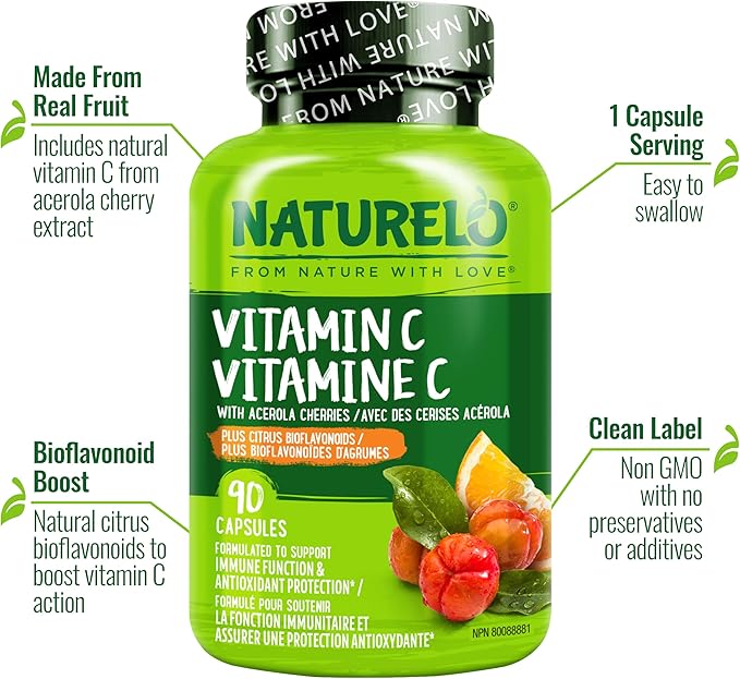 NATURELO Vitamin C with Organic Acerola Cherry Extract and Citrus Bioflavonoids - Vegan Supplement - Immune Support - 500 mg VIT C per Cap - Non-GMO - 90 Capsules