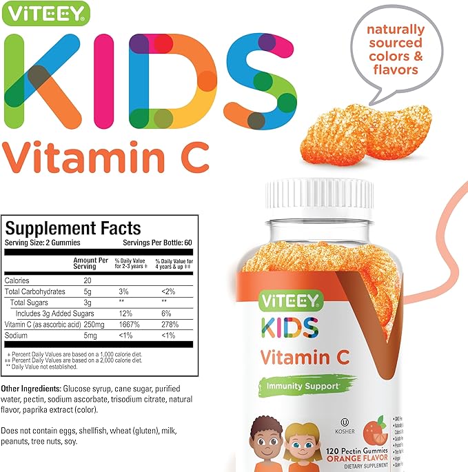 Viteey Kids Vitamin C Gummies - Immune Support for Kids, Toddlers, & Teens - Vegan, Gelatin Free, Gluten Free, GMO Free - Tasty Chewable Orange Flavored Immunity Gummy