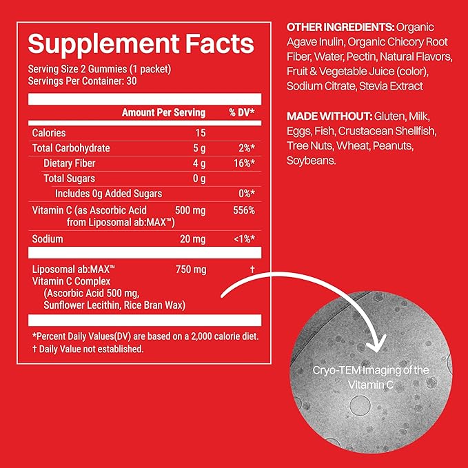 Liposomal Vitamin C for Adults, 500mg Sugar-Free Gummies, Immune Support Supplement, Powerful Antioxidant, Energy and Collagen Booster, 30 Servings in Travel Pack - Strawberry Guava Flavor
