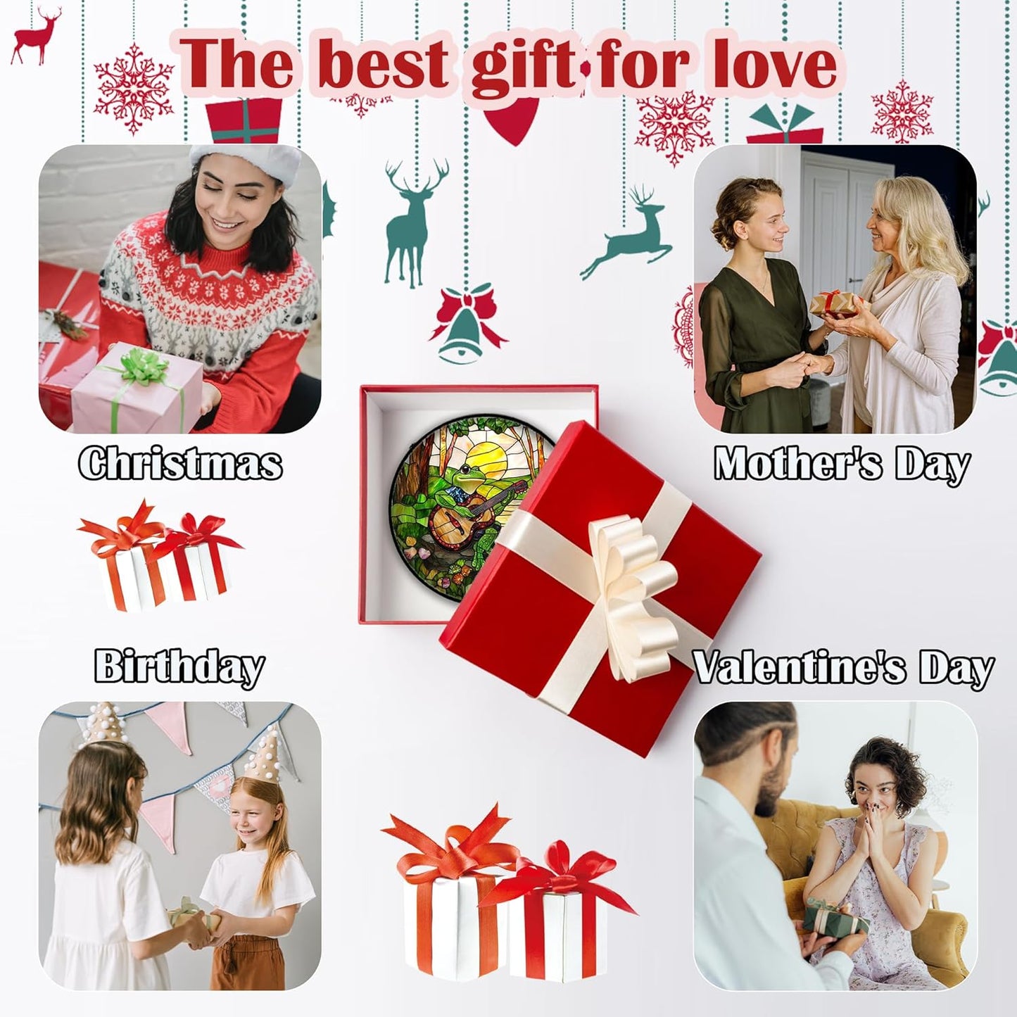 Stained Glass Window Hanging, Frog Playing Guitar Suncatcher Diamond Glass Panel Funny Sun Catchers Decor for Birthday for Women, Men, Wife, Aunt, and Mom 9.8 in