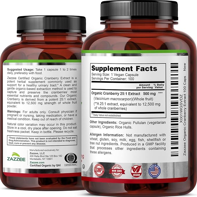 Zazzee USDA Organic Cranberry 25:1 Extract, 12,500 mg Strength, 100 Vegan Capsules, Over 3 Month Supply, Standardized, Concentrated 25X Extract, 100% Vegetarian, Certified Organic, Non-GMO All-Natural