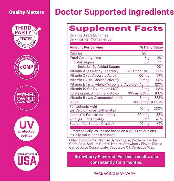 Pink Stork Total Glow Gummies for Women – Hair, Skin & Nails Vitamin with Biotin, Vitamin A, B6, B12, Folate, Zinc & More – Support for Radiant Skin, Strong Nails, and Healthy Hair – 60 Berry Gummies