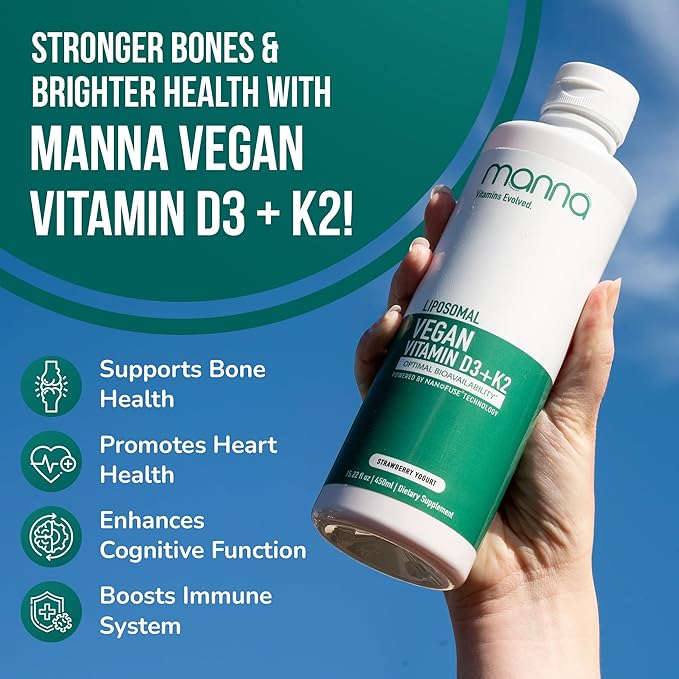 Manna Vitamins Evolved Liposomal Vegan K2 D3 Vitamin Supplement - Immune Support Supplement - Vitamin K2 - Heart Health Supplements - Vegan D3 - Vitamin D3 K2 - Liquid Vitamin D3 with K2