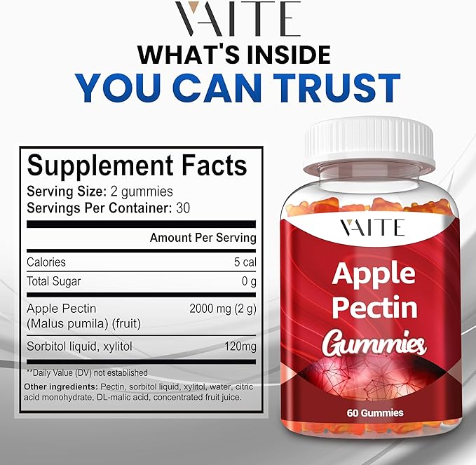 Apple Pectin Gummies - High-Fiber Supplement with 2000mg Natural Cholesterol Lower Support, Promotes Digestive Wellness & Stomach Comfort, Non-GMO & Gluten Free Herbal Supplements - 60 Vegan Gummy