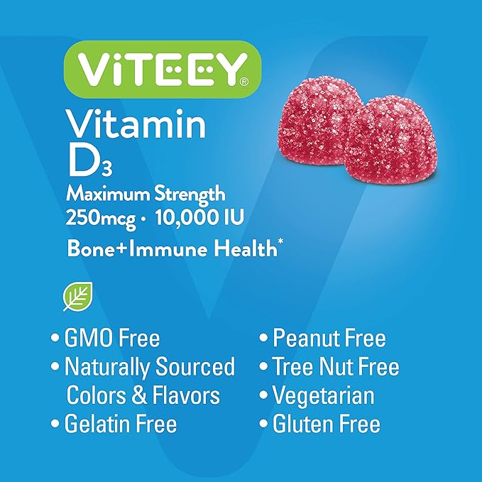 Viteey Vitamin D3 Gummies for Adults & Teens - 10,000 IU, 250mcg, Maximum Strength - Joint & Muscle Health, Immune Boost - Chewable Vitamin D Gummies - Vegetarian, Gelatin Free - Tasty Berry Flavored