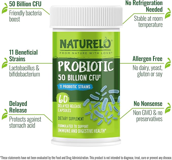 NATURELO Probiotics for Digestive Health - 50 Billion CFU, 11 Strains, Daily Use Supplement - Boosts Immune System, Delayed Release, No-Fridge, 60 Vegetarian Capsules (Pack of 2)