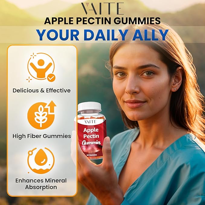 Apple Pectin Gummies - High-Fiber Supplement with 2000mg Natural Cholesterol Lower Support, Promotes Digestive Wellness & Stomach Comfort, Non-GMO & Gluten Free Herbal Supplements - 60 Vegan Gummy