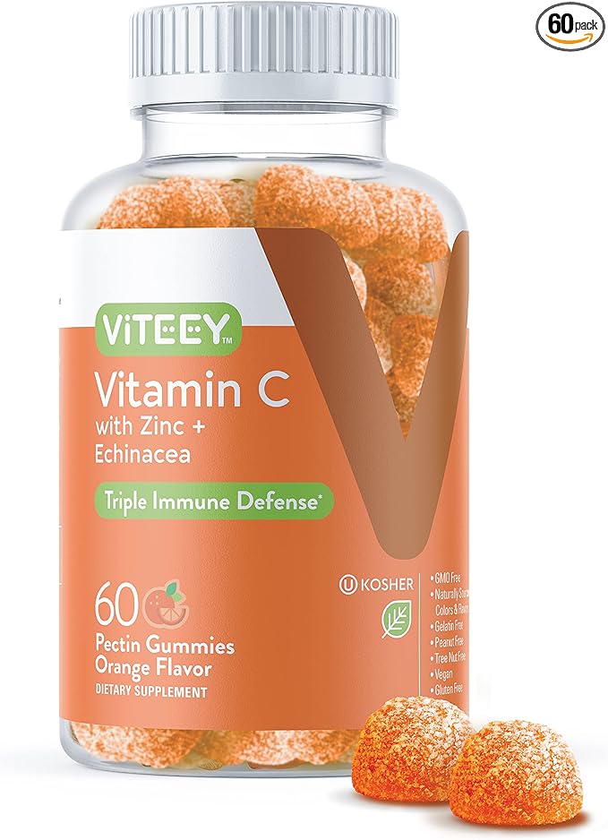 Viteey Vitamin C Gummies for Adults & Teens with Zinc & Echinacea - Immune Support Gummies - Vegan, Gelatin Free, Gluten Free, GMO Free - Tasty Vitamin C Chewable Orange Flavored Gummy
