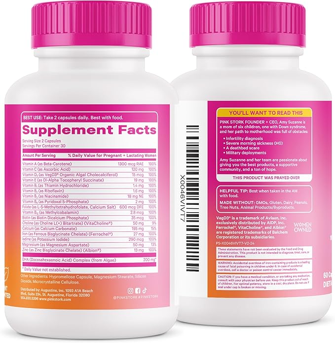Pink Stork Total Prenatal Vitamins with DHA, Folate, Iron, Choline, and Vitamin B12 - Preconception Nutrition - Prenatals for Women, Pregnancy Essentials - Mint Essence, 60 Capsules, 1 Month Supply