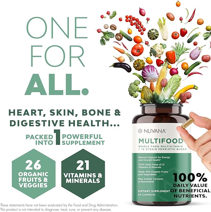 Multifood Whole Food Multivitamin for Men & Women | 21 Organic Fruits & Vegtables | Boosts Energy, Supports Gut & Immune Health | Prebiotics & Probiotics | 60 Capsules