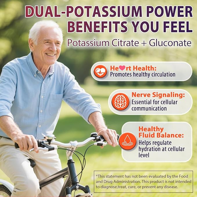 Potassium Citrate and Potassium Gluconate Supplement, 1200mg Two Forms of Potassium Gummies, w/Magnesium, Omega-3, Calcium, Vitamin D3 K2 B12 E B6, Folate for Muscles, Nerves, Health Bones, 120Cts