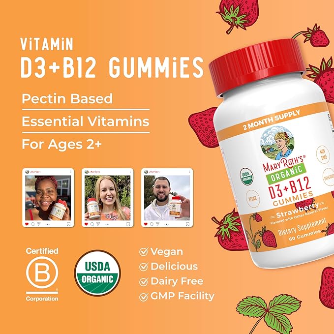 MaryRuth Organics's Vitamin D3 B12 Gummies | USDA Organic | 2 Month Supply | Vitamin D & B12 Vitamin Supplements for Adults & Kids | Bone Health | Healthy Energy Levels | Non-GMO | 60 Servings