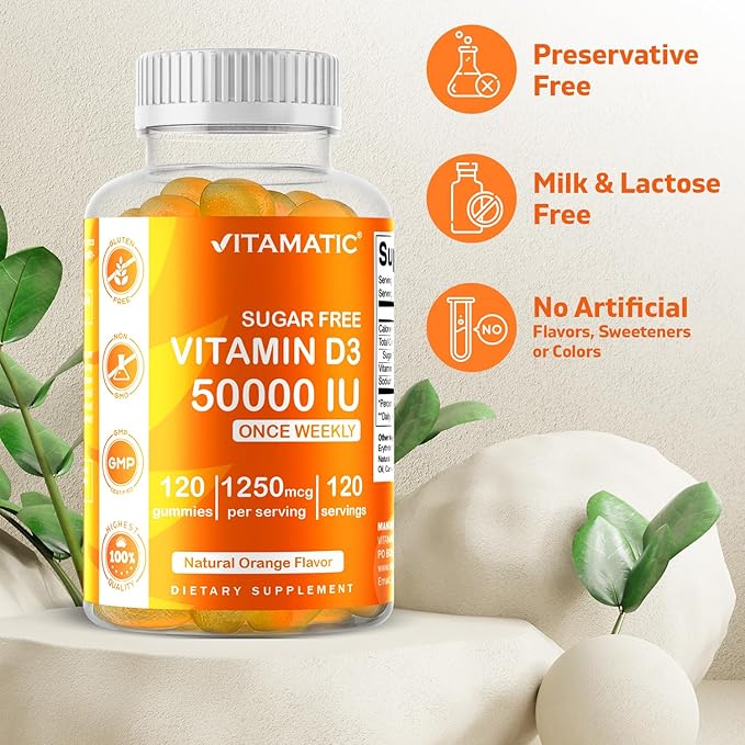 Vitamatic Sugar Free Vitamin D3 50,000 IU Weekly Supplement - 120 Pectin Based Gummies - Vitamin D Capsules for Bones, Teeth, and Immune Support (50000 IU) - 2 Pack