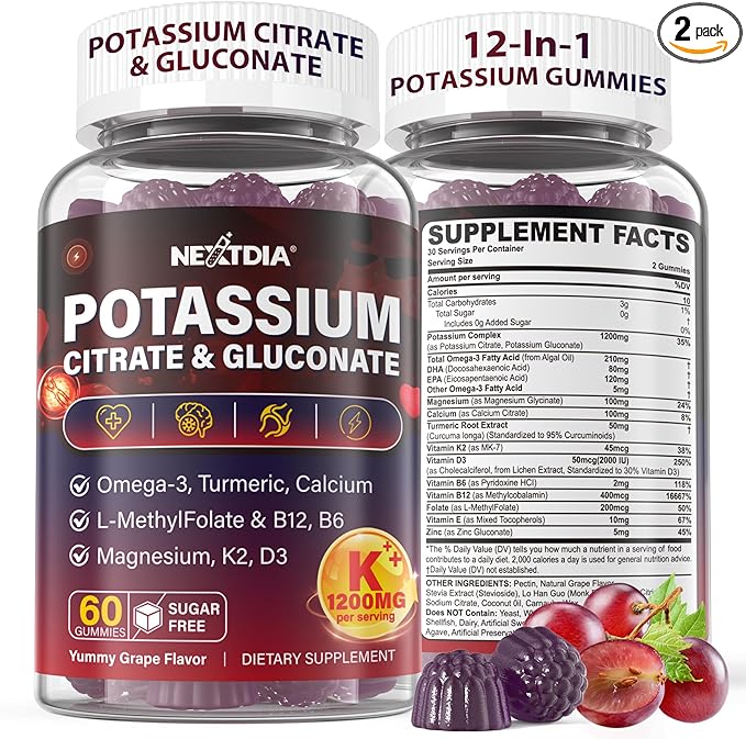 Potassium Citrate and Potassium Gluconate Supplement, 1200mg Two Forms of Potassium Gummies, w/Magnesium, Omega-3, Calcium, Vitamin D3 K2 B12 E B6, Folate for Muscles, Nerves, Health Bones, 120Cts