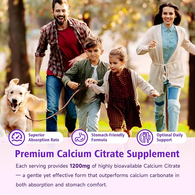 High Absorption Calcium Citrate Gummies 1200mg - Bone & Teeth Support for Adults & Kids, Vegan, Non-GMO, Sugar-Free Gummies, Raspberry Flavor, 60 Count