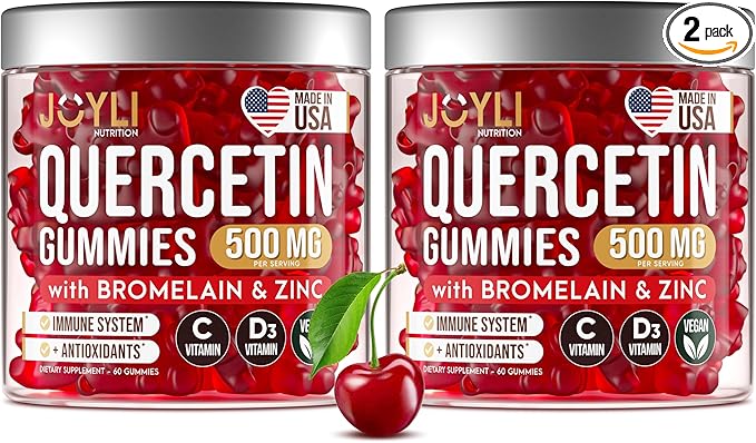 2 Pack - JOYLI Quercetin Gummies with Bromelain, Zinc, Vitamin C & D3 – Sugar-Free Quercetin Supplement for Immune Support & Seasonal Wellness – 500mg Quercetin for Kids & Adults – 60 Gummies per Pack