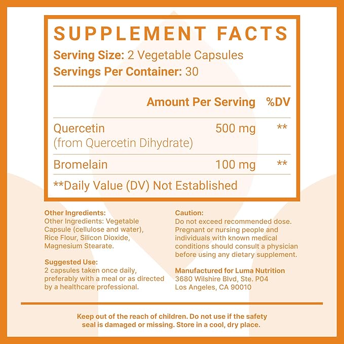 Luma Nutrition Quercetin 500mg - Quercetin with Bromelain Supplement - Antioxidant - Immune Support - Vegan & Gluten-Free - 60 Capsules