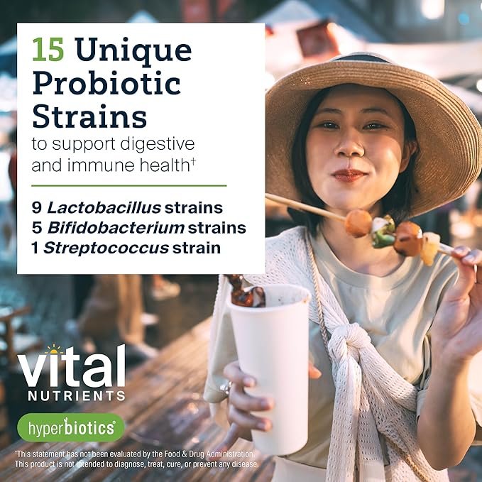 Hyperbiotics Vital Nutrients Pro-15 Advanced Probiotics for Women and Men | 15 Strains + Kiwifruit | Clinically Studied Daily Probiotics for Digestive Health, Gas, & Bloating | 30 Vegan Tablets