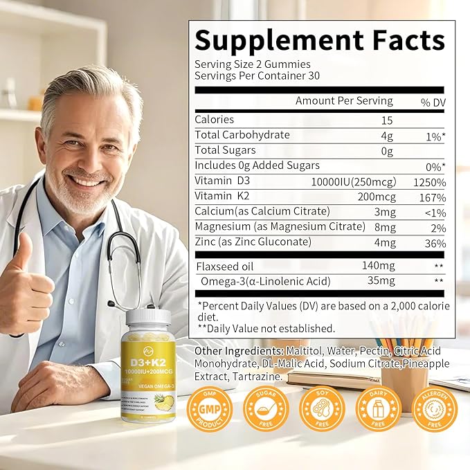 Vitamin D3 K2 Gummies, Vitamin D3 10000IU, K2 (MK-7) 200mcg, 6-in-1 Vitamina D3 Con K2 Supplement with Omega-3, Magnesium, Calcium and Zinc for Bones, Teeth & Immune Support, Sugar Free, 1 Pack