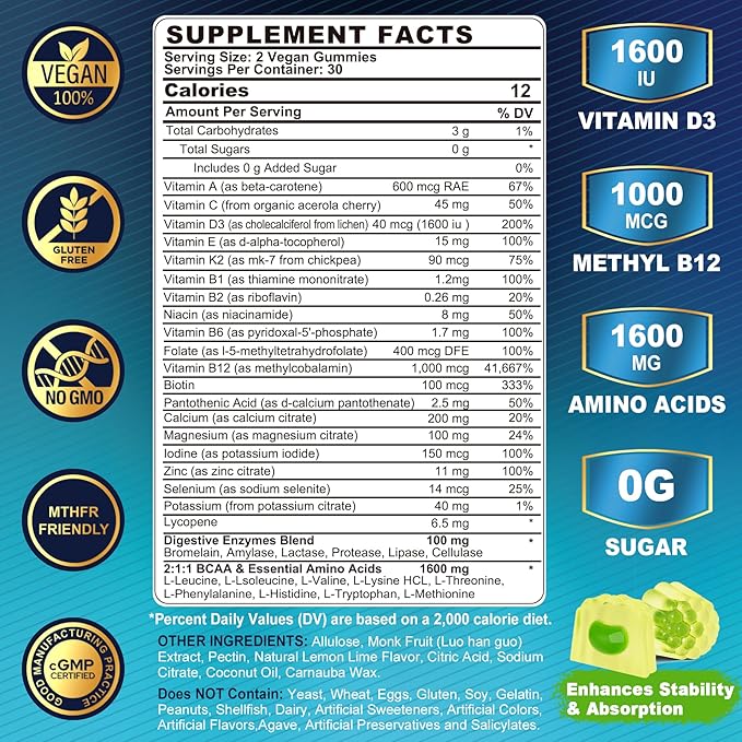 Methylated Multivitamin for Men Gummies, BCAA Amino Acids, Zinc, Daily Vitamin A C D3 E K2 B Complex, Calcium, Magnesium, Lycopene, Digestive Enzymes - Energy, Immune, Muscle- Sugar Free, Vegan, 60Cts