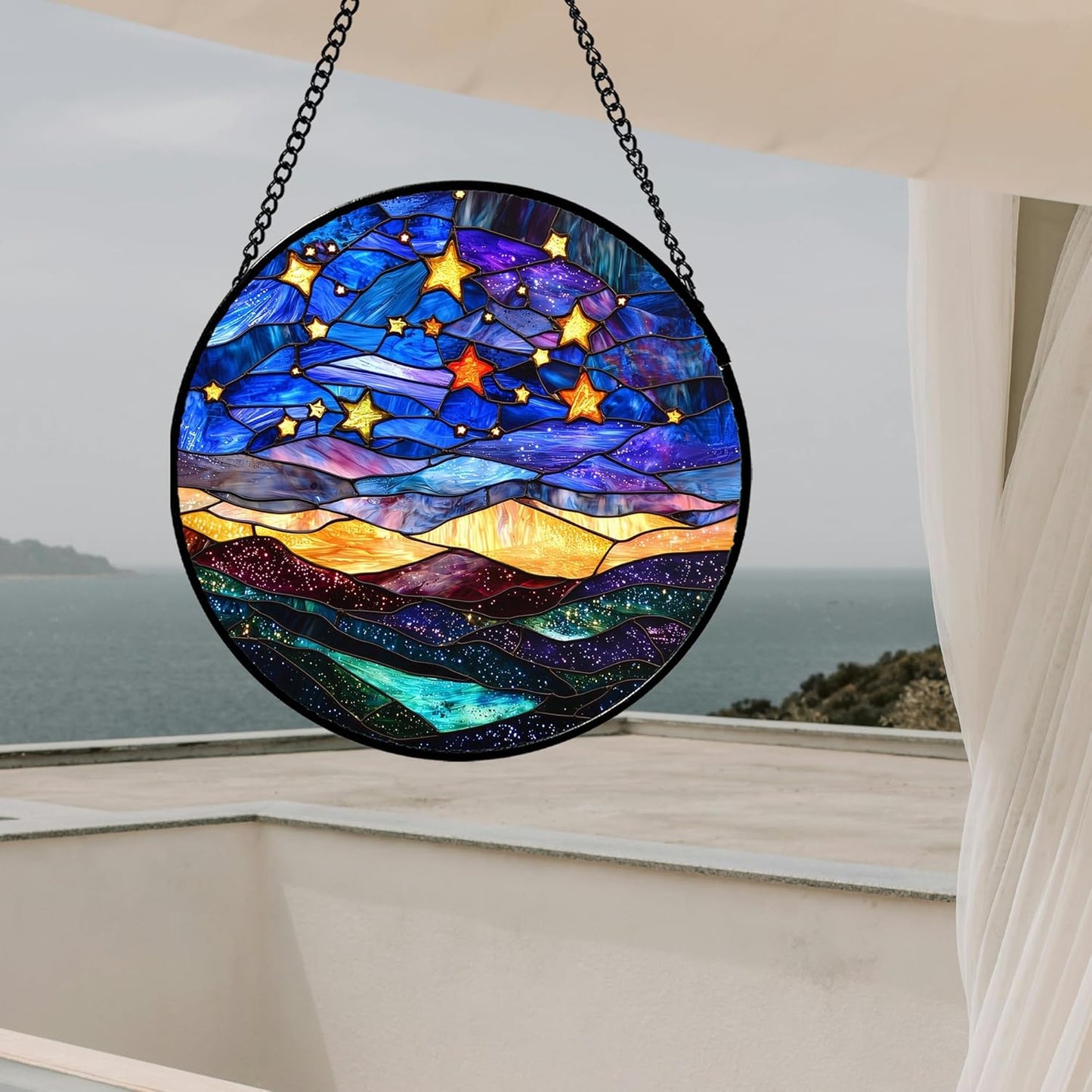 Stained Glass Window Hanging, Blue Sky Gold Stars Abstract Landscape Suncatcher for Doors Window Home Sun Catchers Decor Mother's Day Birthday Gifts for Women, Men Mom 11.8 in