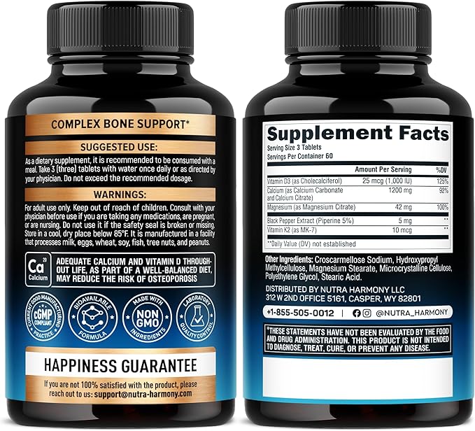 Calcium Supplements for Women - Calcium 1200 mg with Vitamin D3 & K2 - Bone Health, Strength & Density - High Absorption, Slow Release - Made in USA - Citrate & Carbonate Form, 180 Tablets for 2 Month