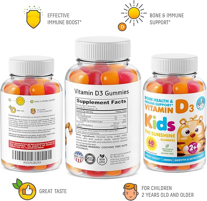 Vitamin D3 Gummies for Kids & Adults 2000 IU - High-Absorption Vitamin D Kids Gummies Supplements - Vegetarian, Immune Support D3 for Adults & Kids (60 Count)