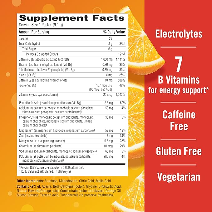 Emergen-C 1000mg Vitamin C Immune Support Powder Super Orange 90CT includes Zinc, Manganese, 7 B Vitamins and Electrolytes for Back to School Essentials