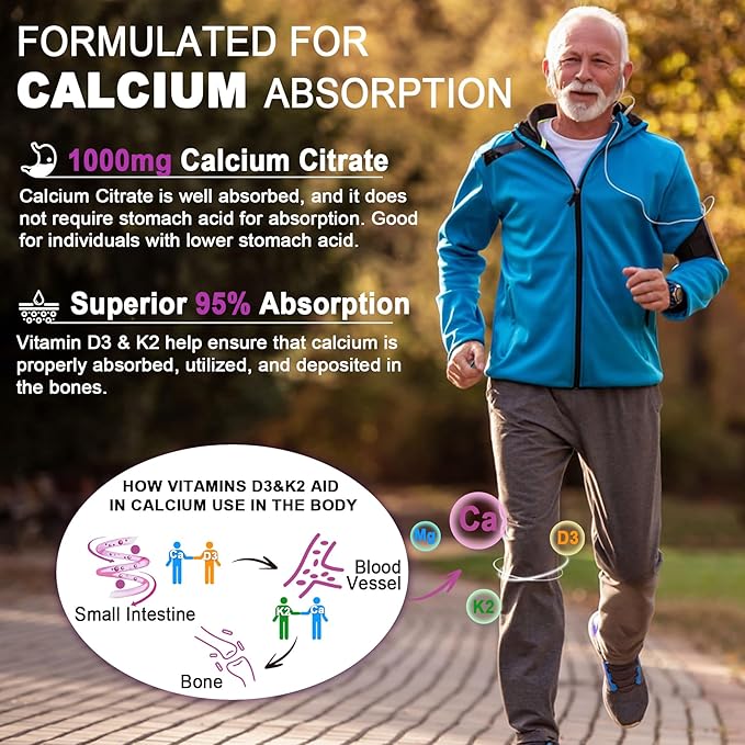 Sugar Free Calcium Citrate Gummies for Women & Men 1000mg, Vitamin D3 K2, Magnesium, Zinc, Boron, Manganese, Copper, Ultimate Absorption Calcium Supplements for Bone, Muscle & Immune - Vegan, 60 Count
