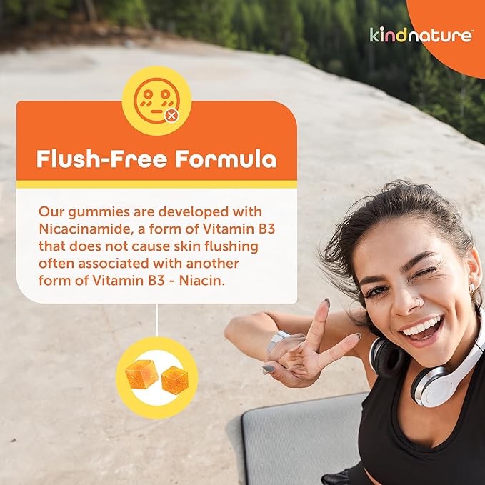 kindnature Vitamin B3 Niacin Gummies - Flush Free Niacinamide 500mg Supplement - Vegan, Non-GMO, Low-Calorie, Gluten-Free, Soy-Fee, 3rd Party Lab Tested - 1 Month Supply, 90 Chewable Gummies