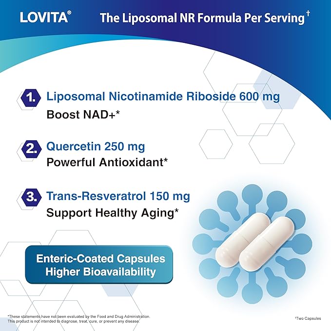 Lovita Liposomal NR (Nicotinamide Riboside) 1000 mg with Quercetin & Trans-Resveratrol, Support Cellular Health and Healthy Aging, 100 Vegan Enteric-Coated Capsules