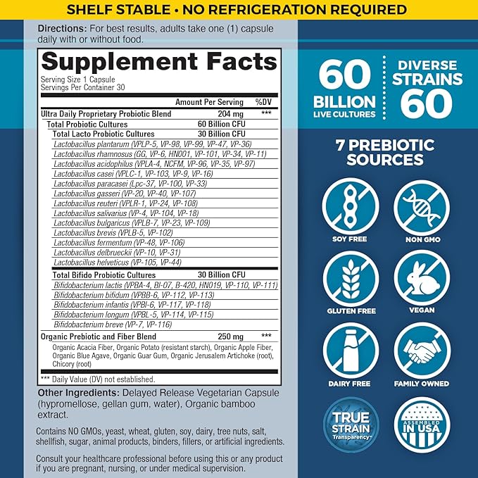 Vital Planet - Vital Flora Ultra Daily Probiotic 60 Billion CFU, 60 Diverse Strains, 7 Organic Prebiotics, Immune Support, Digestive Health Shelf Stable Probiotics for Women and Men 30 Capsules